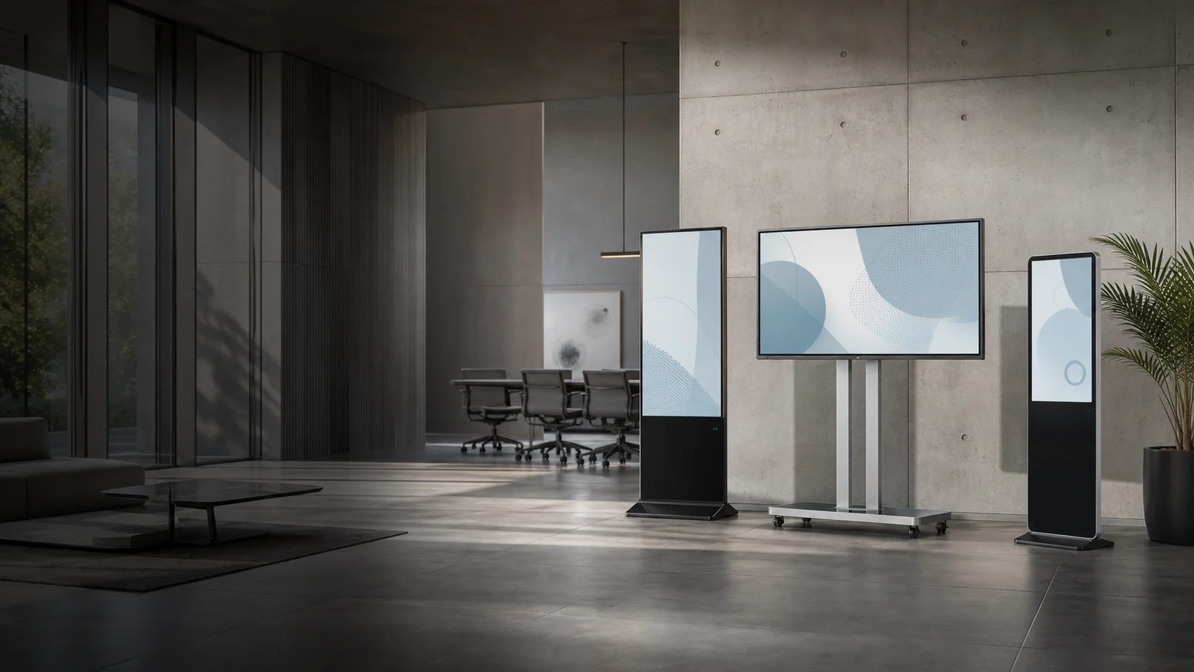 Commercial displays deployed in a modern business interior