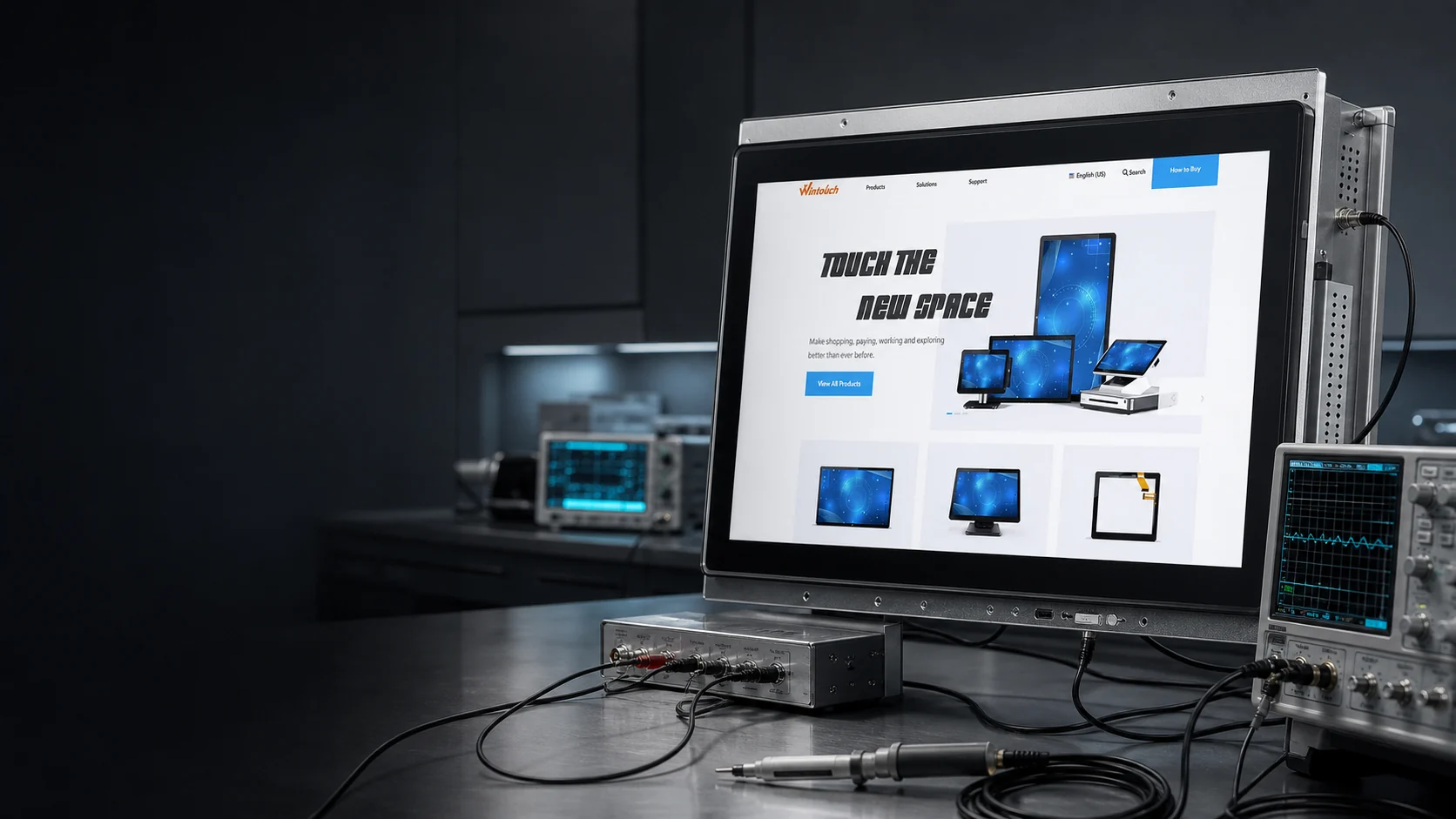 Industrial touch monitor undergoing electronics compliance testing