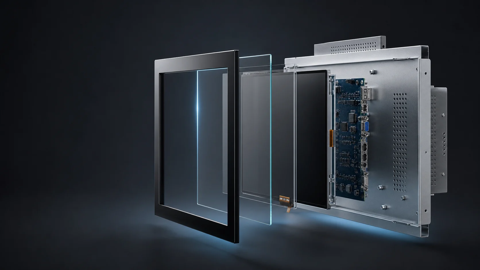Exploded engineering view of an industrial touch monitor