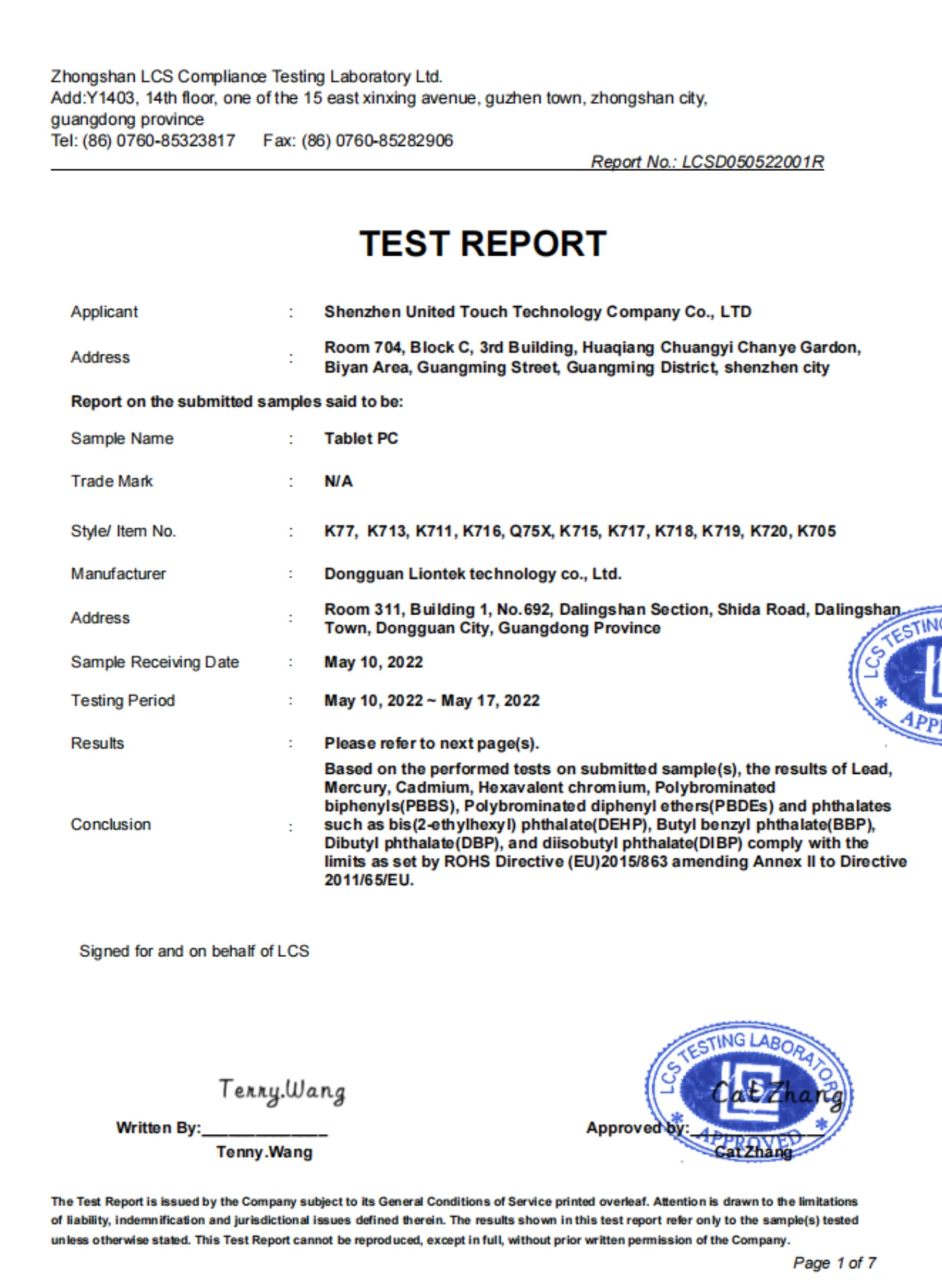 RoHS Compliance Test Report — issued by EU 2011/65/EU + 2015/863