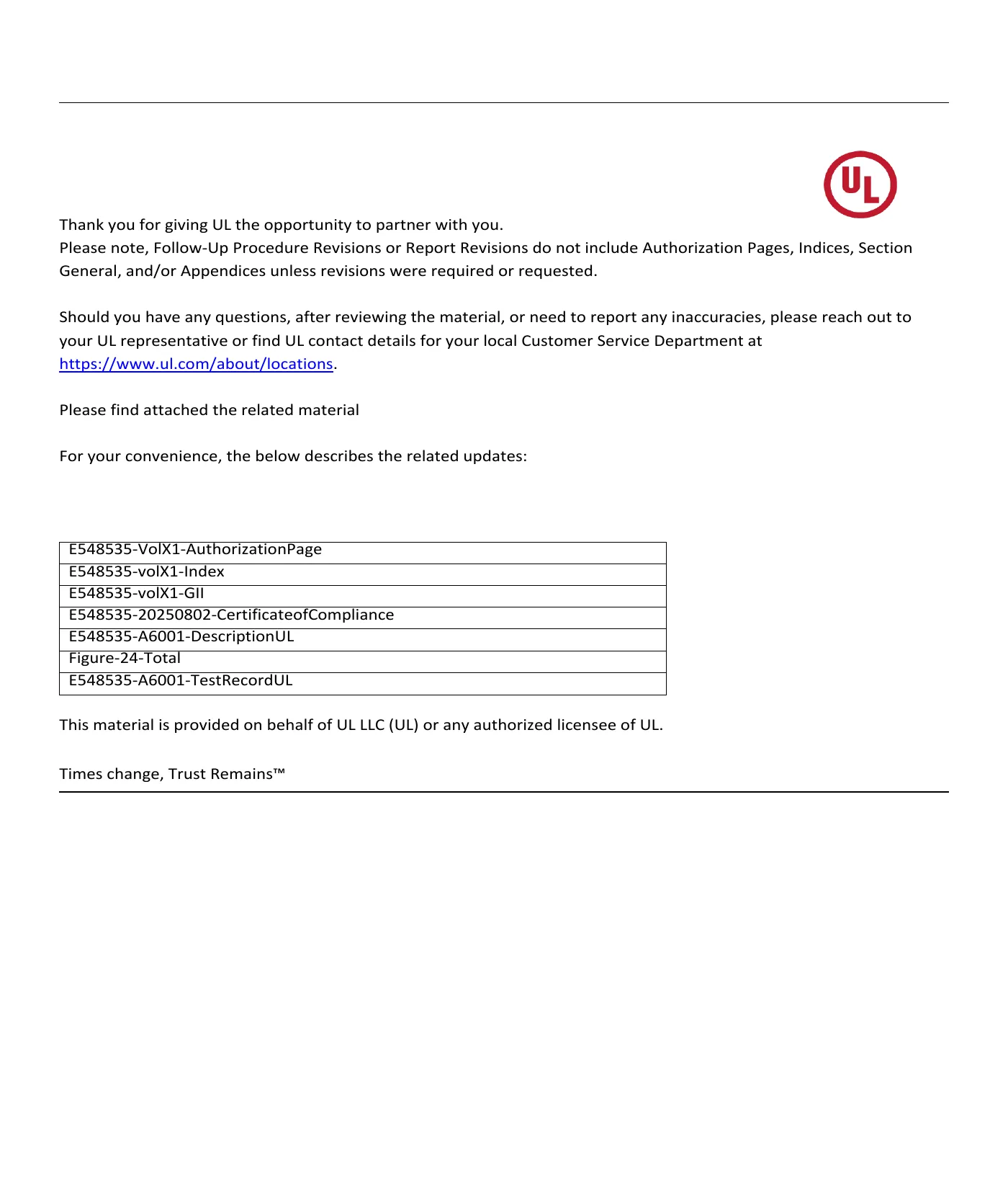 UL Listing — Mark Document — issued by UL File E548535
