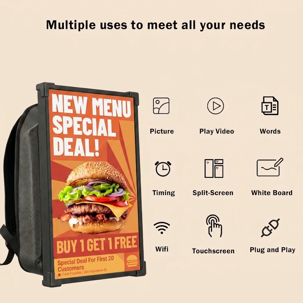 Wintouch LCD Backpack Screen, picture, video, timing and touch content modes