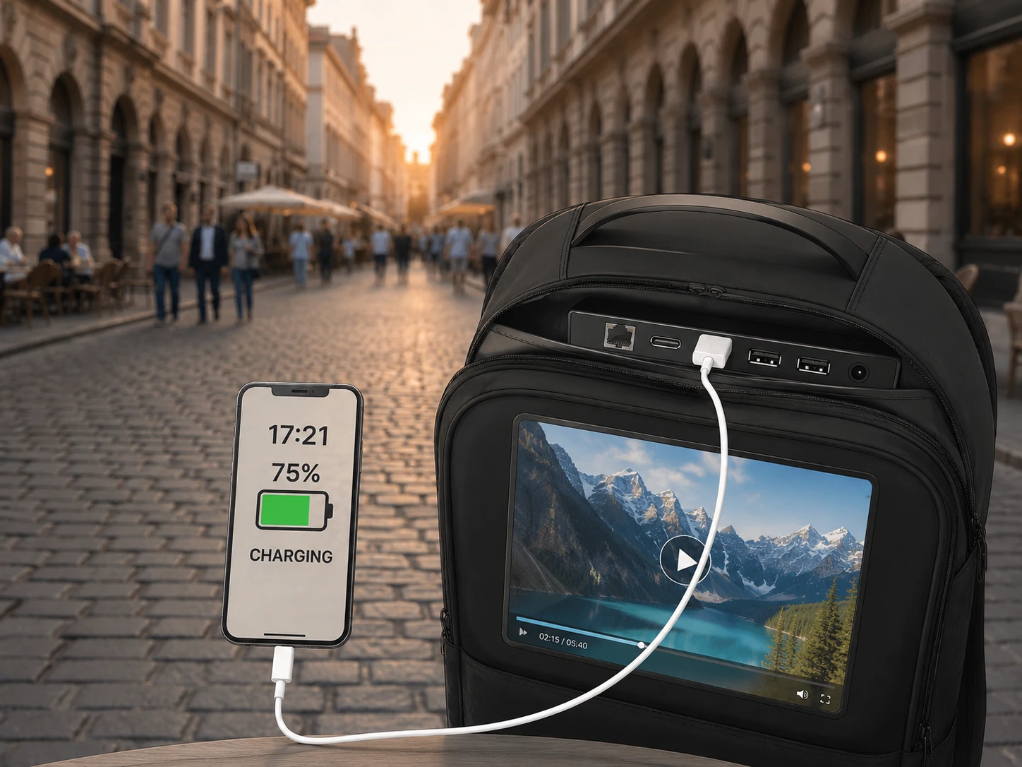 Wintouch LCD Backpack Screen, USB power-bank charging demonstration