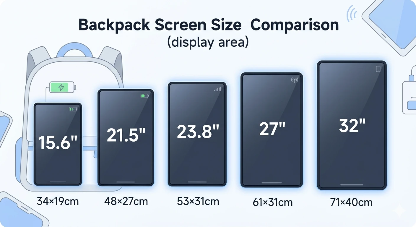 Wintouch LCD Backpack Screen, 15.6 to 32 inch display area comparison