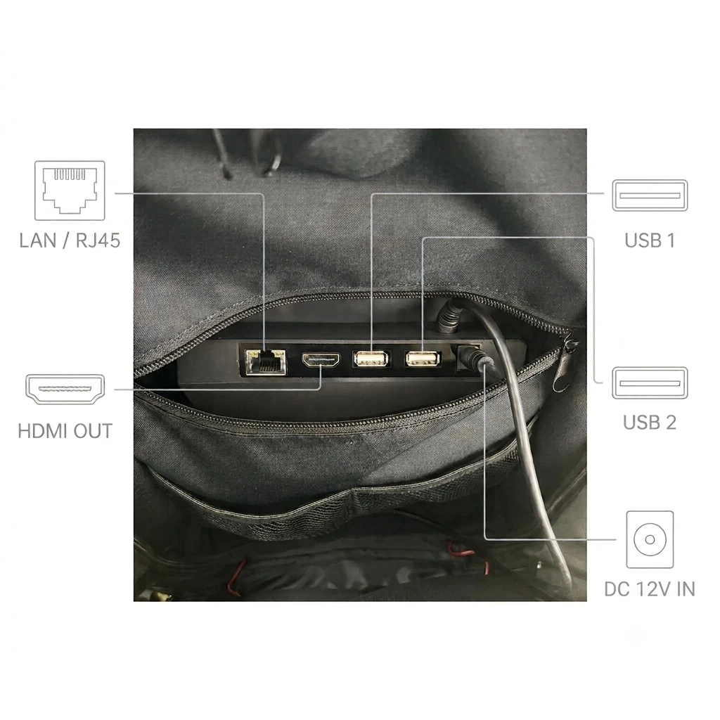 Wintouch LCD Backpack Screen, LAN, HDMI, USB and 12 volt interfaces