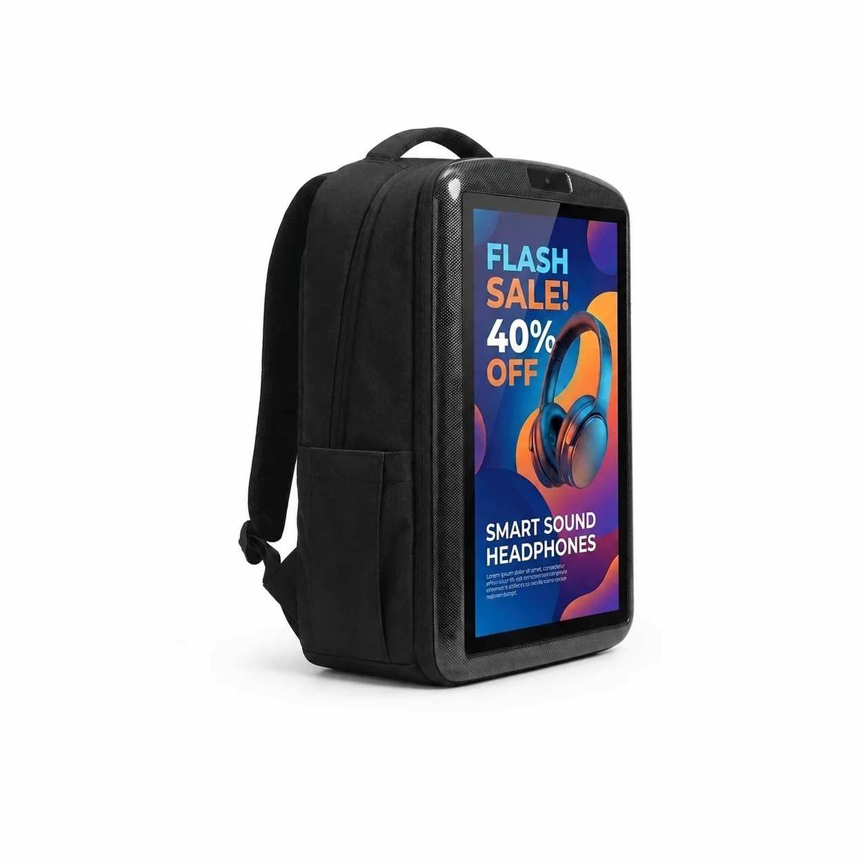 Wintouch standalone USB LCD backpack screen, clean 45-degree side view on white