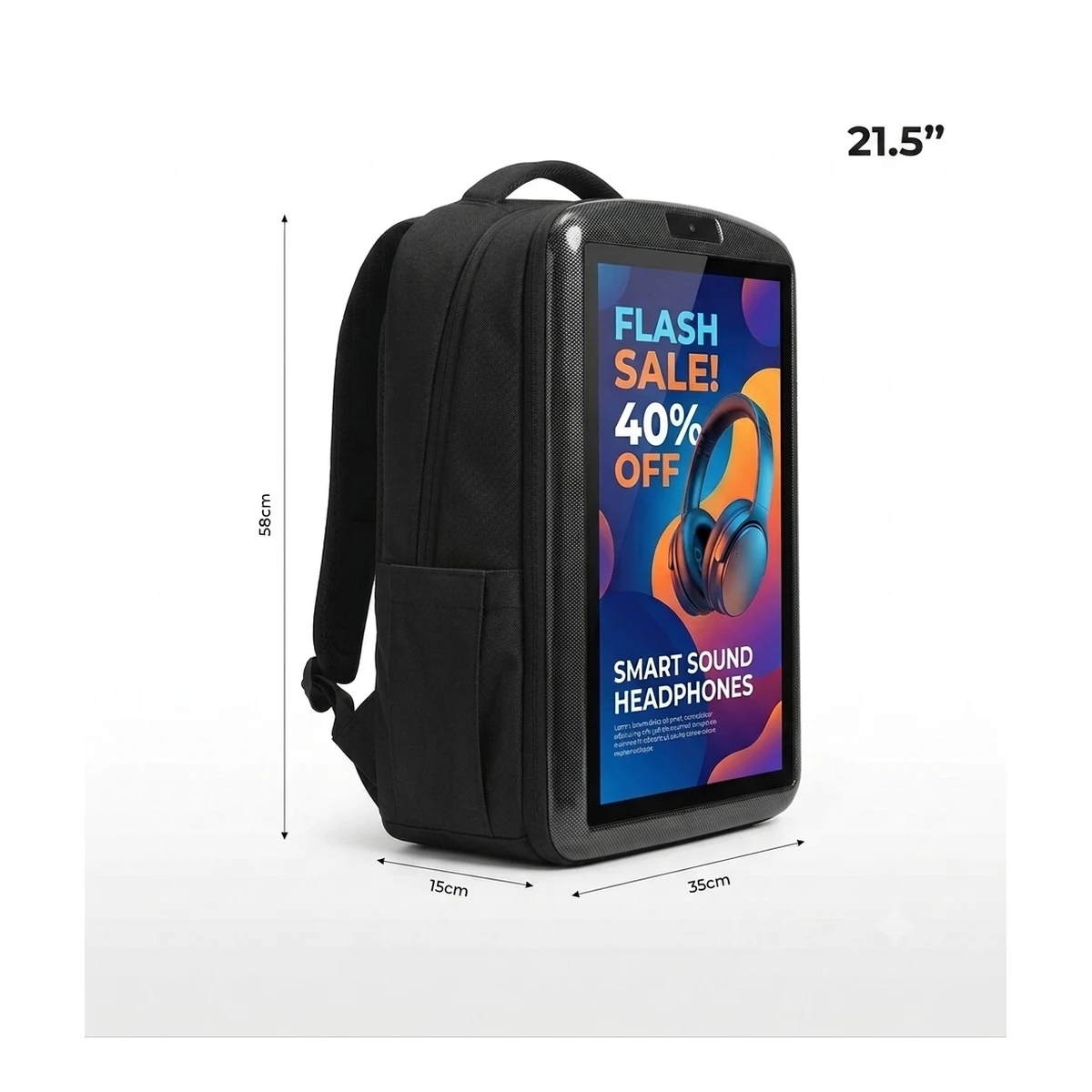 Wintouch LCD Backpack Screen, 21.5 inch angled side view on a white background
