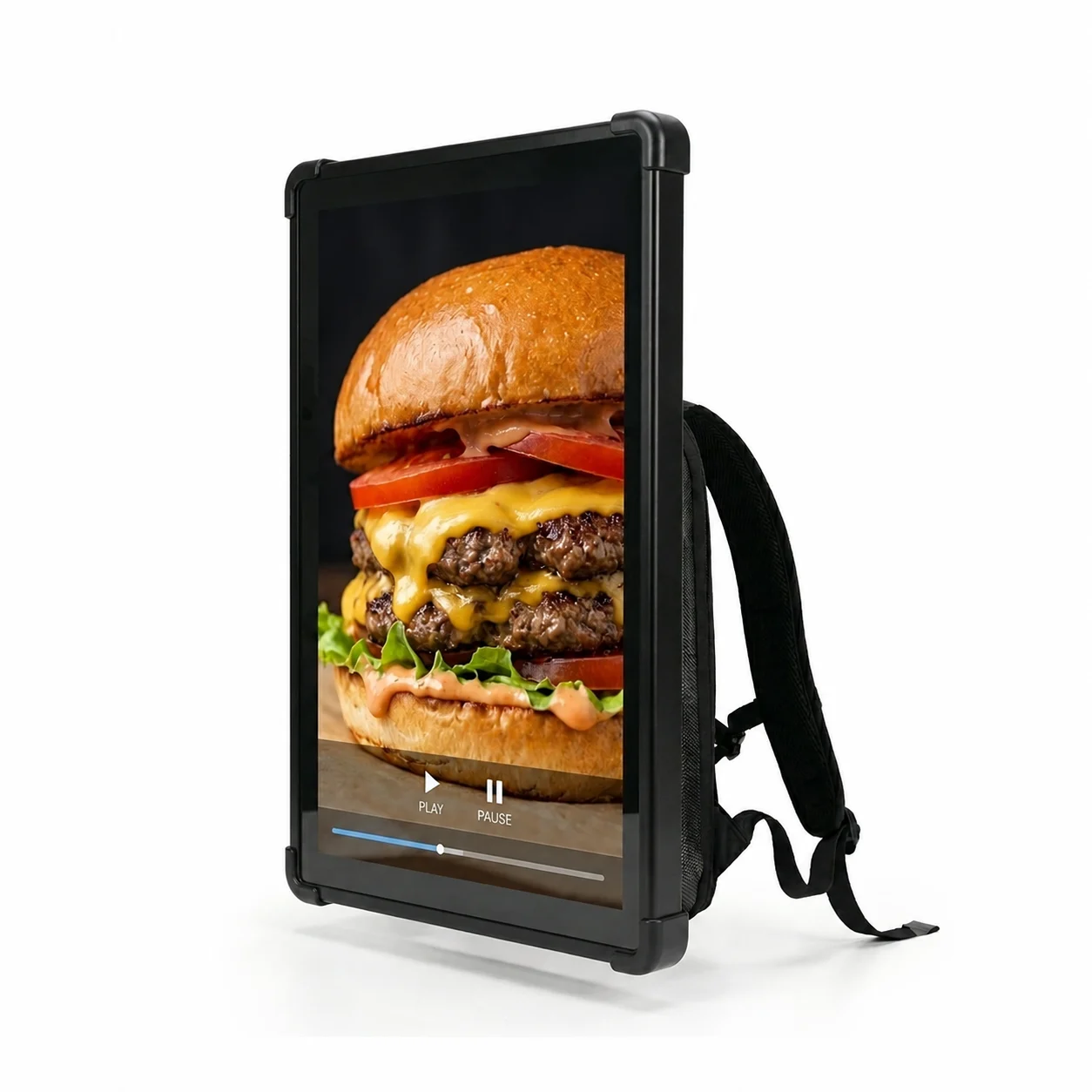 Wintouch Android Wi-Fi LCD backpack screen, clean side view on white