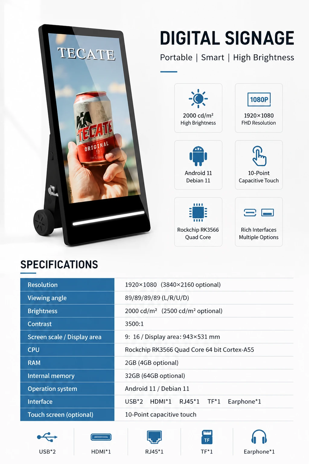 LCD Outdoor Poster feature overview with portable wheeled structure and display specifications