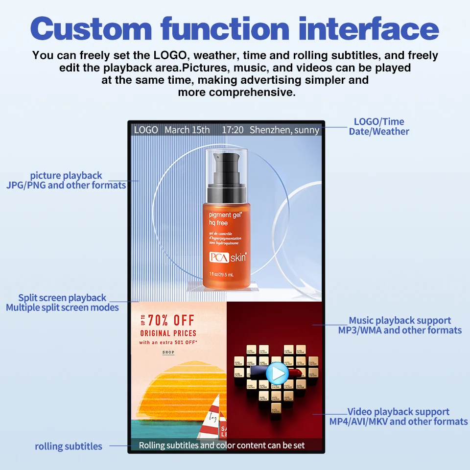 Wintouch Wall-mounted Digital Signage, custom split-screen interface feature