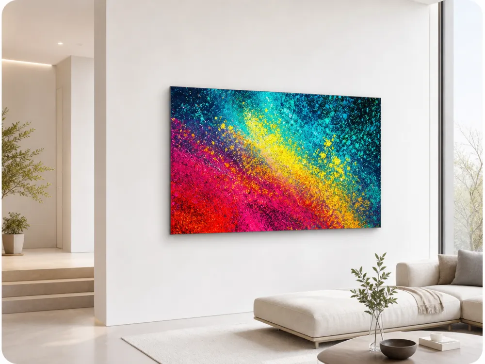 Large wall-mounted Wintouch display showing generative art in a bright modern living space