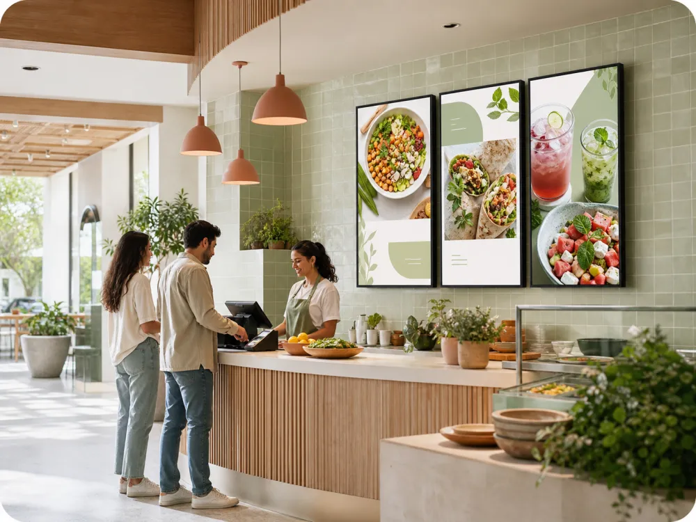 Wall-mounted Wintouch digital menu boards above a healthy-food cafe counter